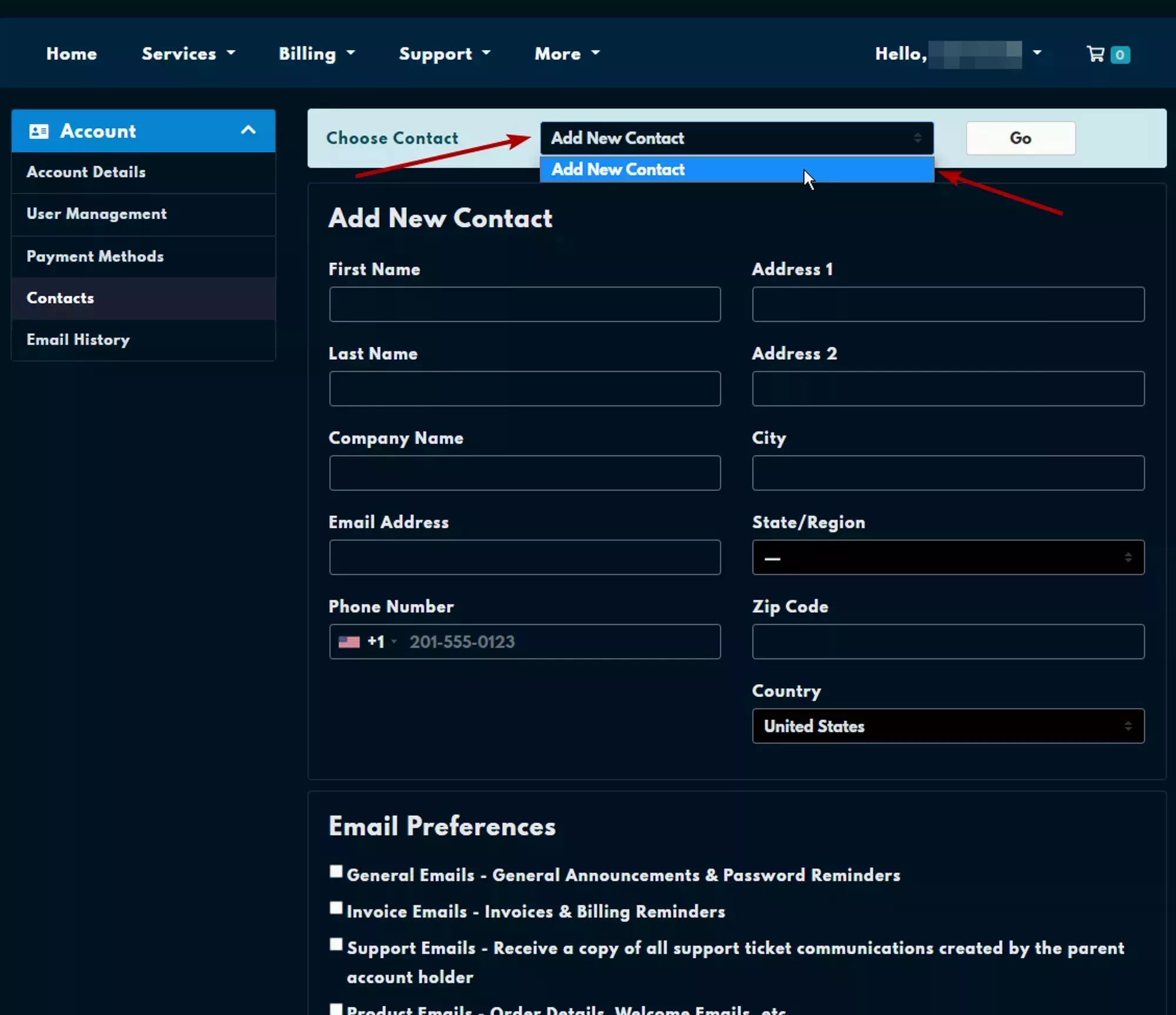 The Add New Contact option on the Choose Contact page