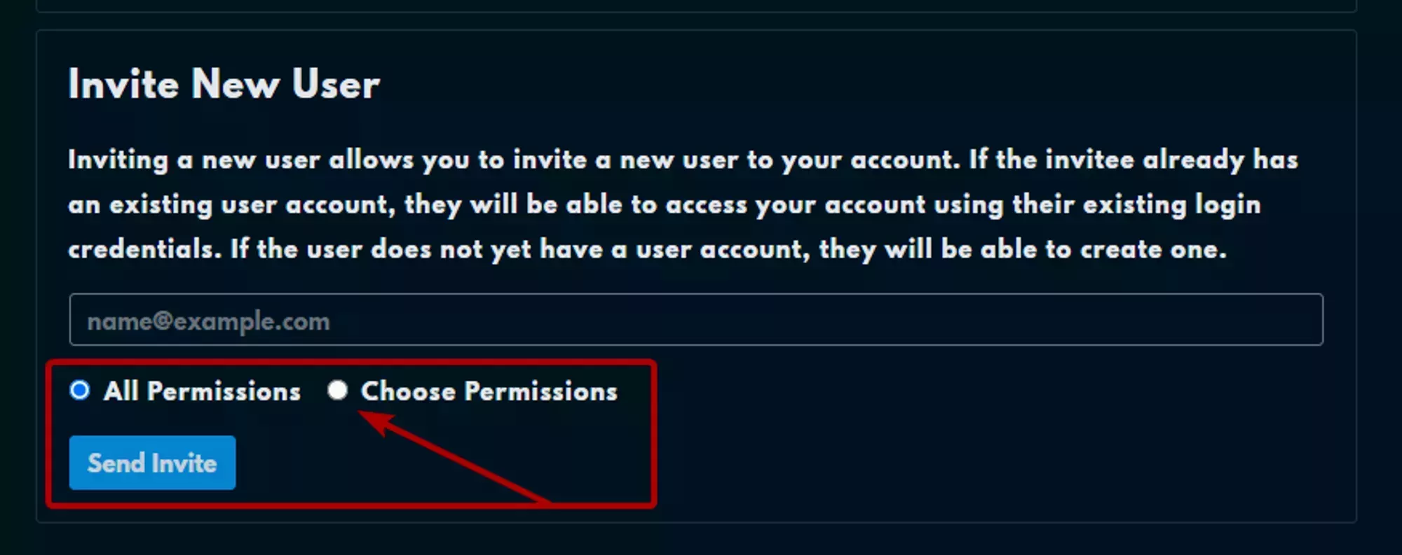 Arrow pointing to the "Choose Permissions" radio button while the default "All Permissions" radio button is still selected.