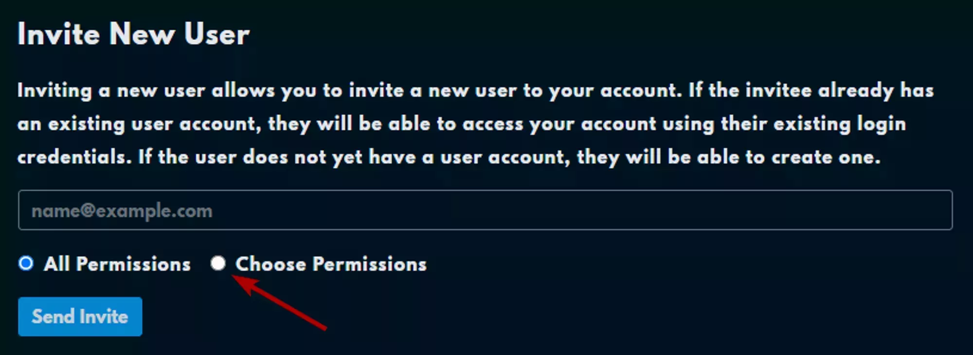 The invite new user modal with the "Choose Permissions" radio button noted