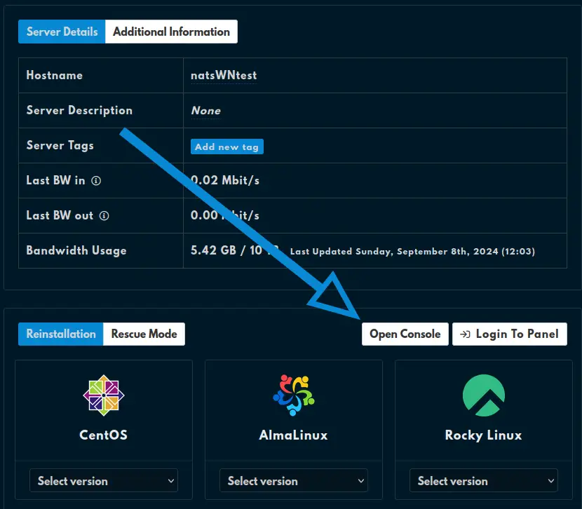 The "Open Console" button located on the left side of the "Login To Panel" button under the "Server Details/Additional Information" and above the operating systems list.