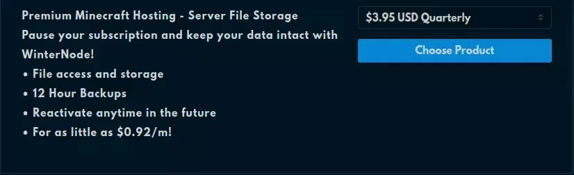 An entry for the "Server File Storage" plan in the Upgrade/Downgrade page of the WinterNode Client Area.