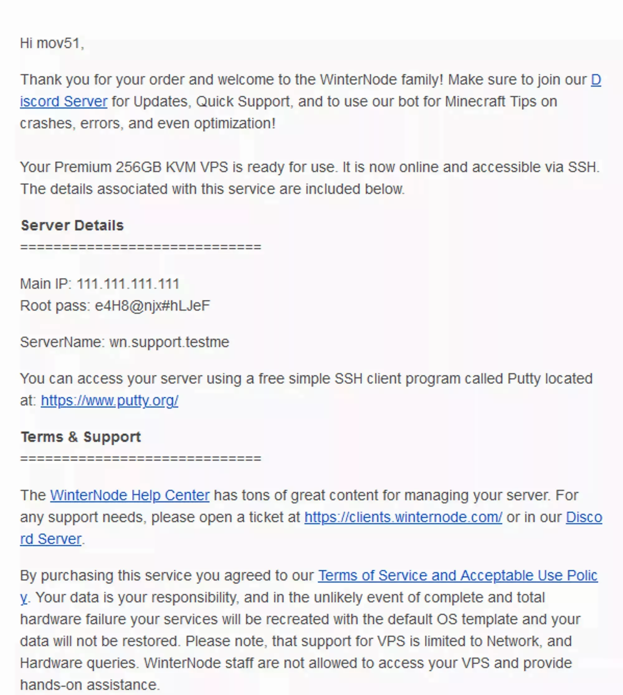 An example of the Email received when purchasing a WinterNode VPS containing the VPS log-in details.