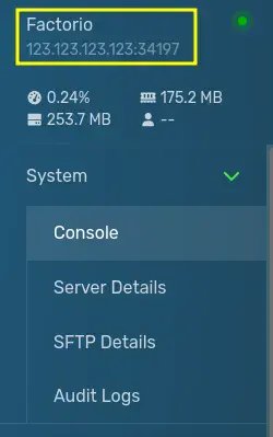 The Server IP visible when viewing a server's page, located under the name of the server on the top of the left sidebar.