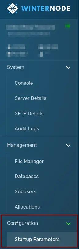 The WinterNode GCP left navbar with the Server Options tab located at the bottom