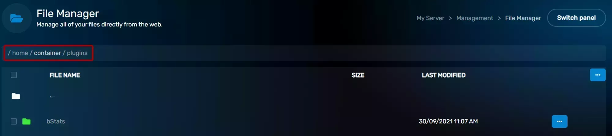 The File Manager breadcrumbs, located at the top of the File Manager interface with each recently navigated folder delineated by a / character and displayed in order