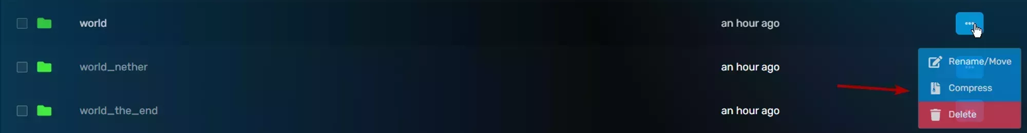 An item in the file manager with the context menu open and the an arrow pointing to the 2nd item in the list, the compress button