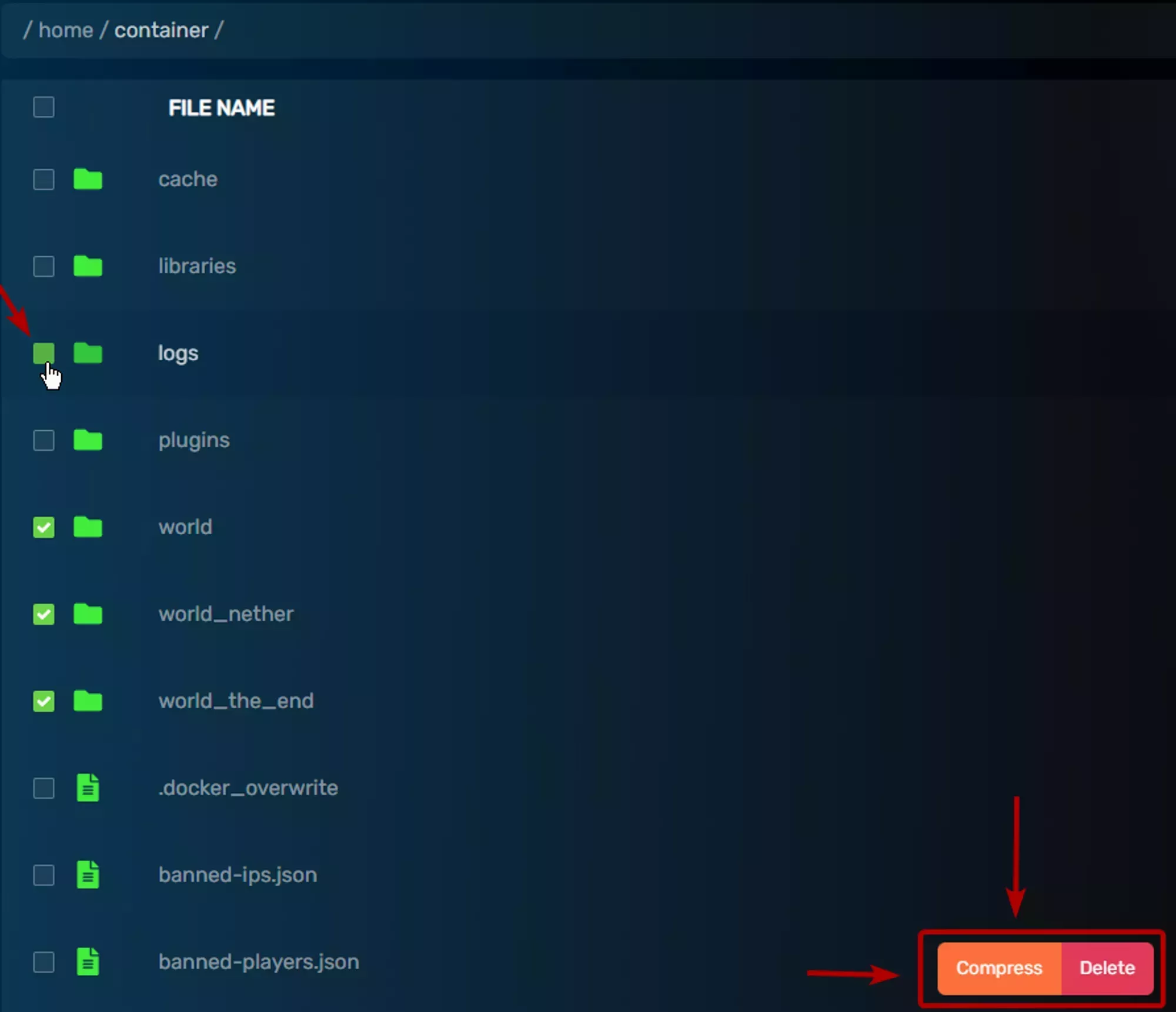 Multiple items in the File Manager selected with the tick boxes on the far left side of each item and arrows pointing to the Compress button on the bottom center of the page