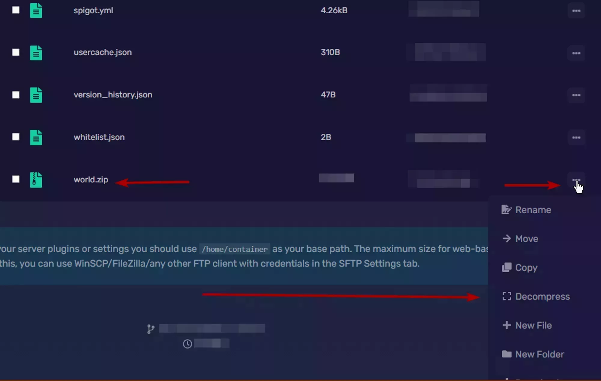 The decompress button on the context menu of a compressed file located in the File Manager
