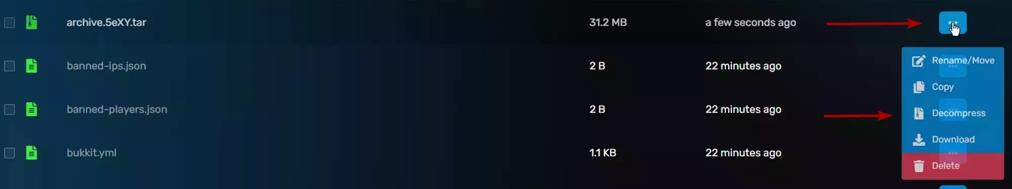 An item in the file manager with the context menu open and the an arrow pointing to the 3rd item in the list, the decompress button