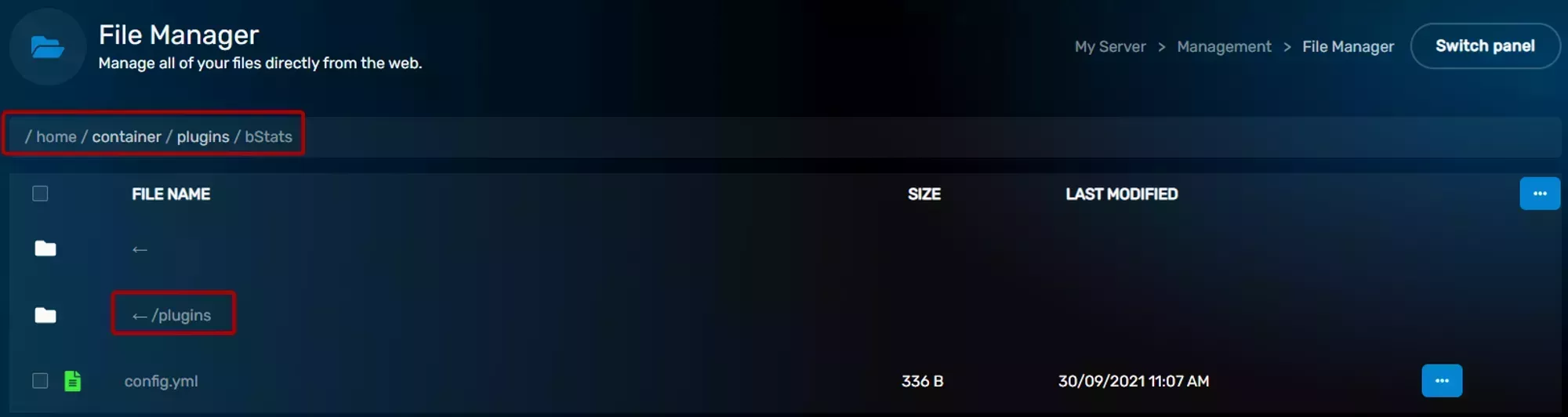 The parent folder of the currently displayed folder, displayed at the top of the file list in the File Manager and prefixed with an arrow