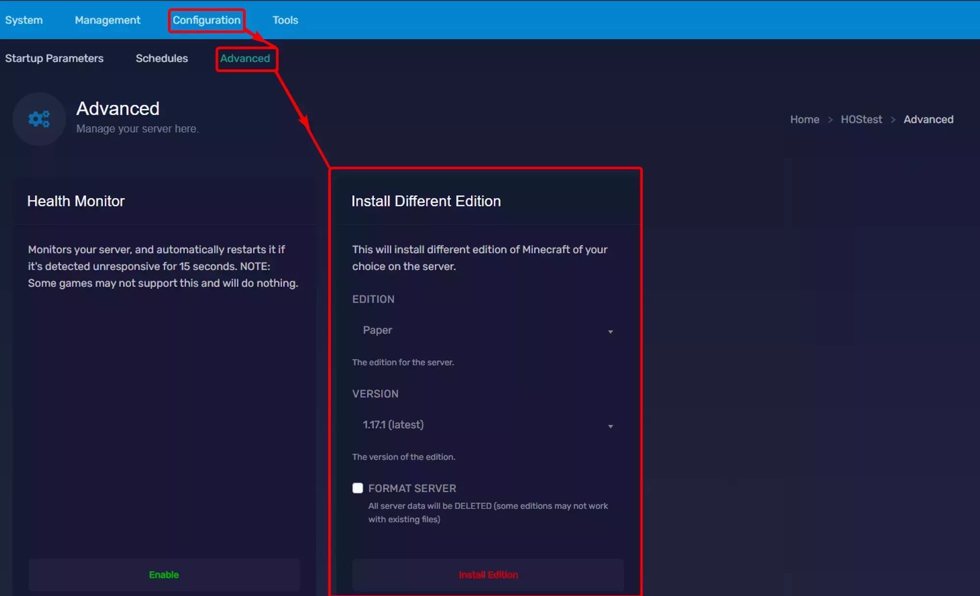 The install different edition modal under the Configuration, Server Actions tab