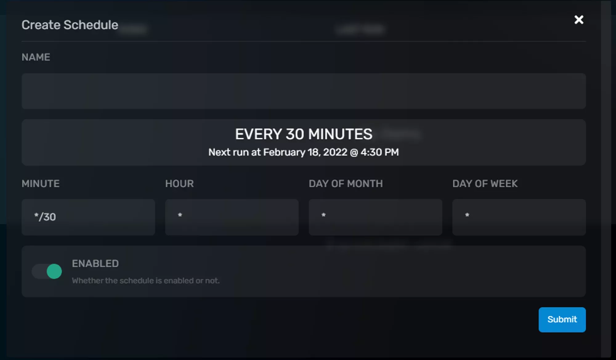 The GCP Create Schedule pane showing the frequency of the schedule run, the next time the schedule will run, fields for the cron values, and an enabled toggle