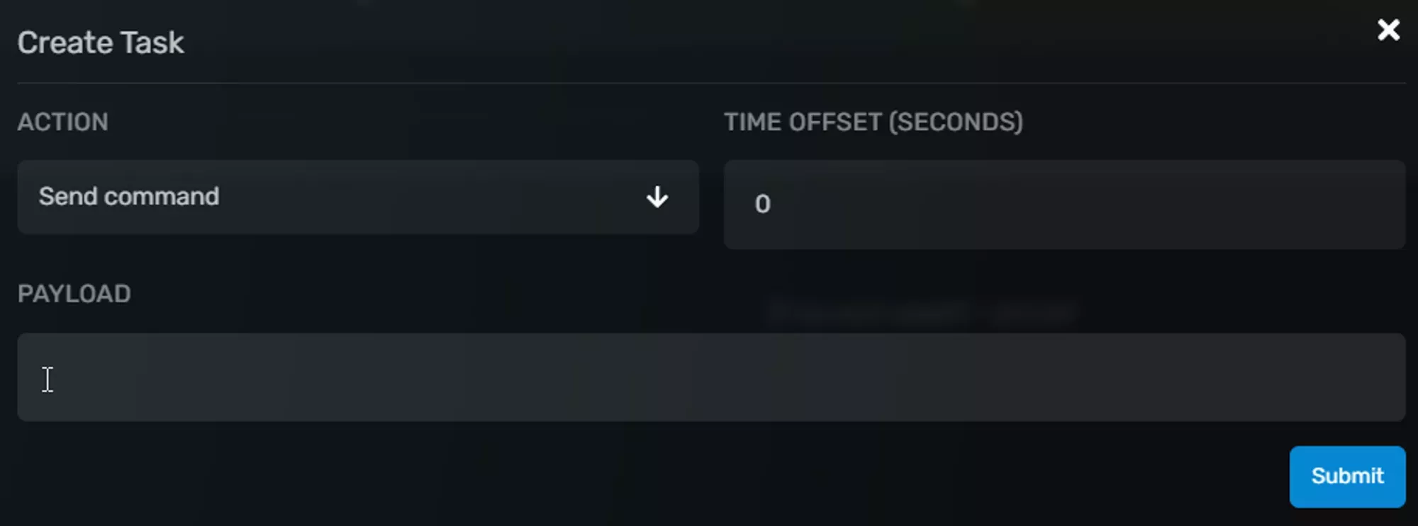 The GCP create task pane with the command action selected