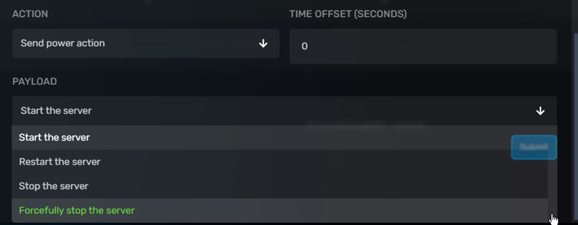 The GCP create task pane with the power action selected