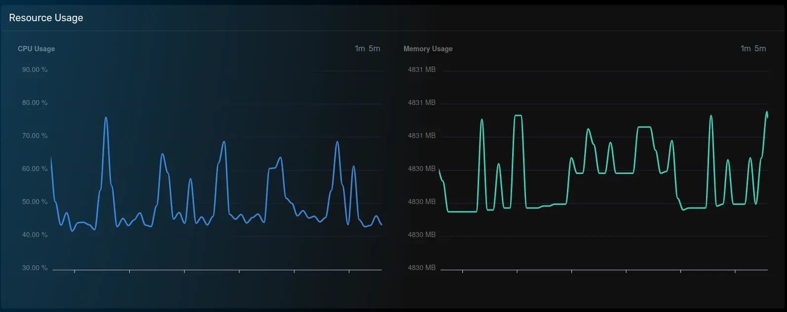 The GCP server graphs, showing the "CPU Usage" on the left graph and the "Memory Usage" on the right graph.