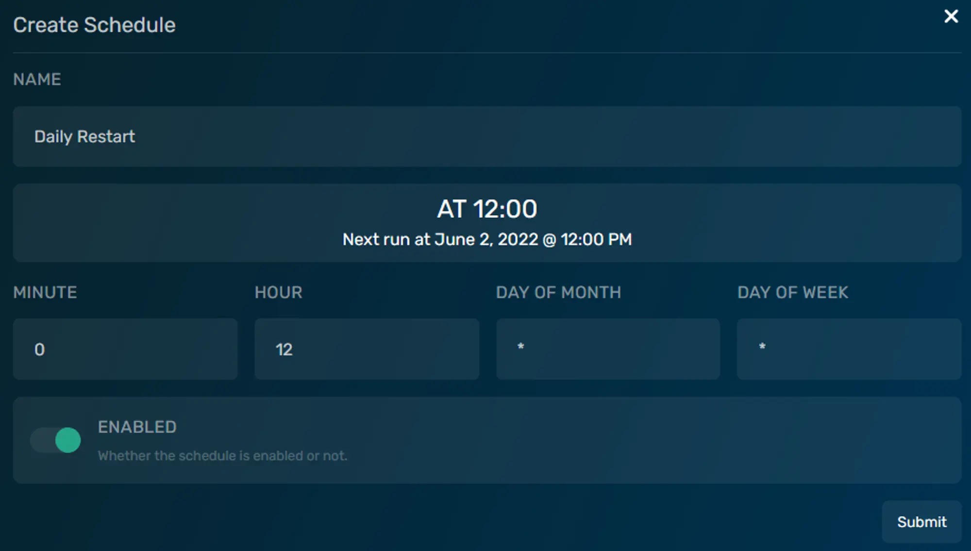 A new schedule with the CRON values set to 0 minute, 12 hours, * day of month and * day of week
