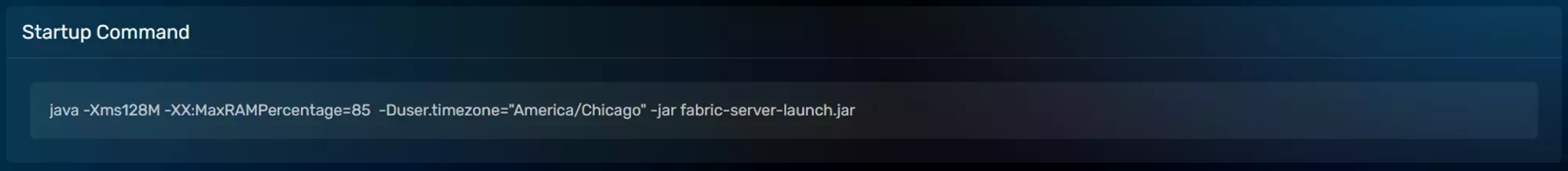 The Startup Command modal on the Game Control Panel