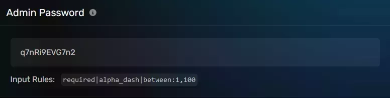 The Admin Password modal with a randomly generated password, located on the server options tab