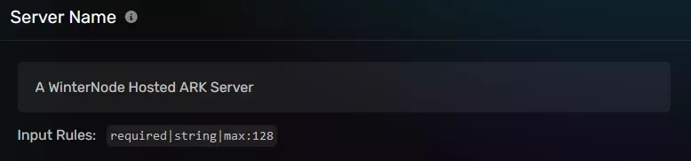 The Server Name modal with the with the default "A WinterNode Hosted ARK Server" string, located on the server options tab