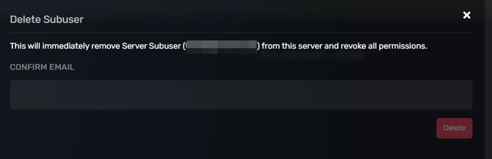 The delete sub-user dialog box asking for confirmation to delete the selected sub-user