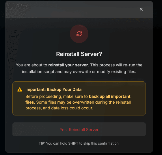 The reinstall confirmation dialog