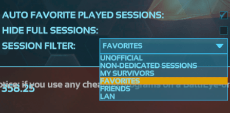 The ARK server list "Session Filter" drop down with the "Favorites" option selected.