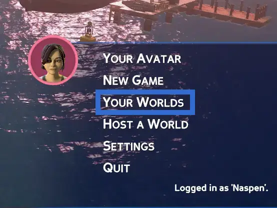 The "Your Worlds" menu option, 3rd from the top on the Eco main menu