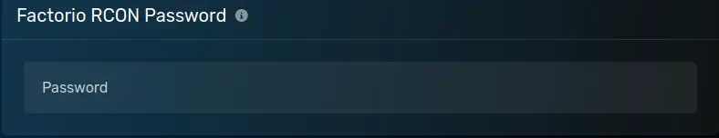 The "Factorio RCON Password" modal with an example value, located on the server options page of the server page.
