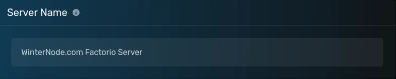 The "Server Name" modal with a default value of [WinterNode.com Factorio Server], located on the server options page of the server page.