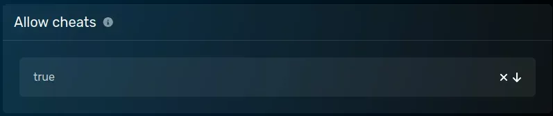 The "Allow Cheats" pane with a default value of [true], shown with a [true|false] dropdown, located on the server options page of the server page.