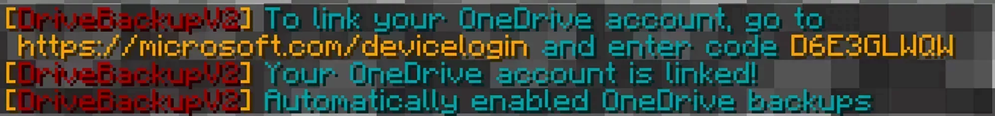 DriveBackupV2 sending a message stating that the setup was complete and that OneDrive backups have been enabled