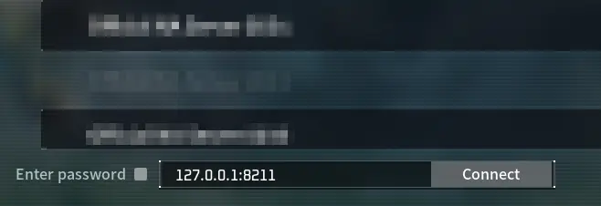 The Palworld multiplayer screen with the direct connect field at the bottom. The empty text field is in the center with the connect button on the right and the Enter password toggle on the left