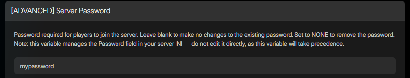 The "Server Password" panel with an example password, located in the server options tab.