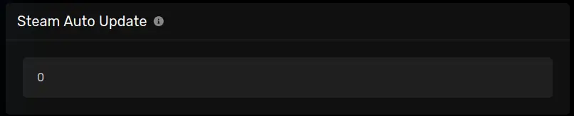 The "Steam Auto Update" panel with the default value of 0, or no, located on the server options tab.