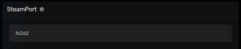 The "SteamPort" panel with the default value of 16262, located on the server options tab.