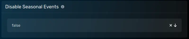 The "Disable Seasonal Events" panel with a default value of false, located on the server options tab.