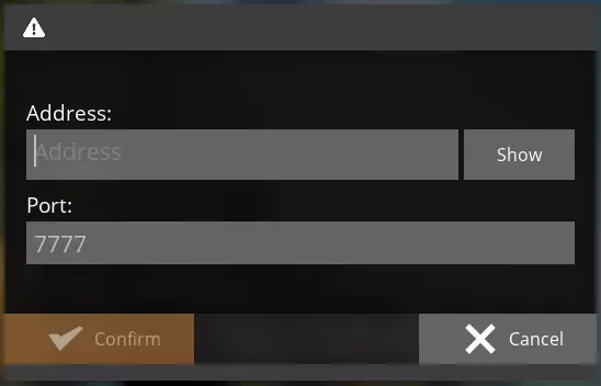 A Satisfactory modal with an "Address:" and "Port:" text fields. The "Port:" fields has a default value of "7777".