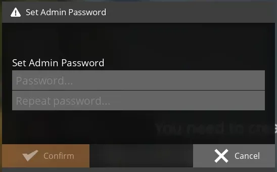 A "Set Admin Password" modal with two empty text fields titled "Password..." and "Repeat password...".