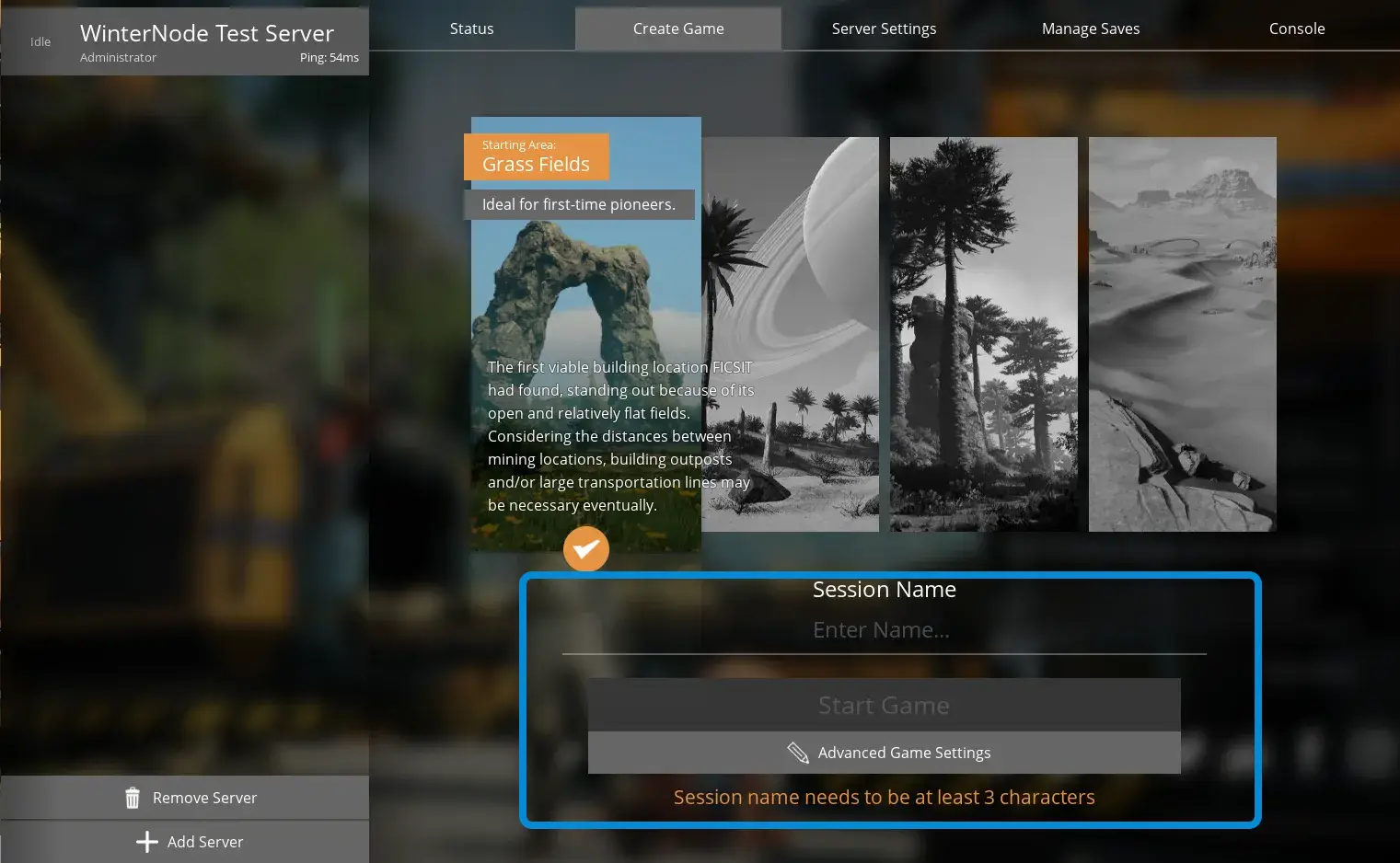 The Satisfactory Server Manager with the "Create Game" tab selected