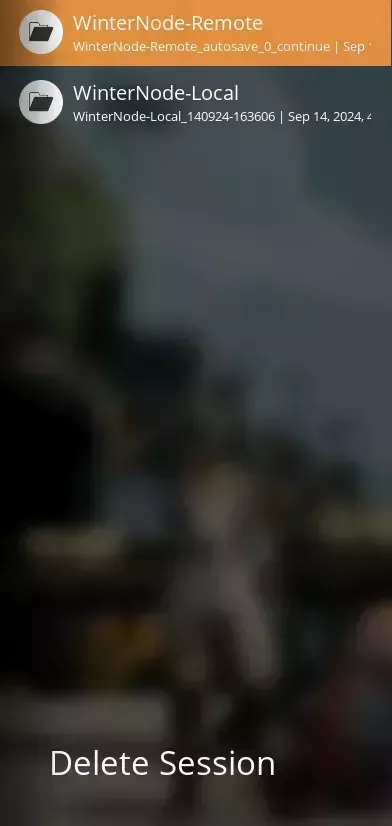 The Satisfactory "Session" list with the stored Sessions/Games at the top of the pane and a "Delete Session" button at the bottom.