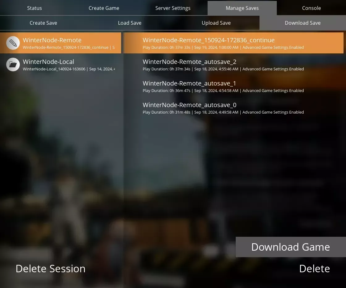 The Satisfactory Server Manager with the "Manage Saves" → "Download Save" with a list of the available Games/Sessions on the left and it's associated saves on the right.
