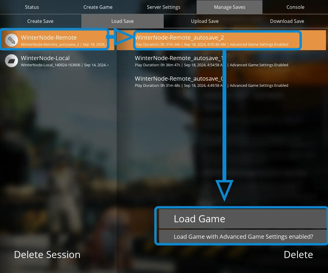 The Satisfactory Server Manager on the "Manage Saves" -> "Load Save" tab, showing a list of Games/Sessions on the left, associated save states on the left, and a "Load Game"/"Load Game with [,,,]" button on the bottom right above a "Delete" button.