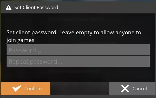 A "Set Client Password" modal in Satisfactory with two empty text fields titled "Password..." and "Repeat password...".