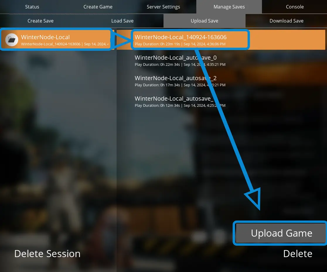 The Satisfactory Server Manager on the "Manage Saves" -> "Upload Save" tab with a Session/Game list on the left, a list of associated save states on the right, and an "Upload Game" button on the bottom right.