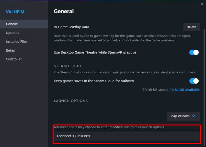 The steam properties window with the launch options field, located at the bottom of the window, populated with "+connect IP:PORT"