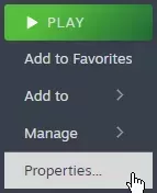 The steam context menu when used on a game with the Properties option highlighted at the bottom of the list