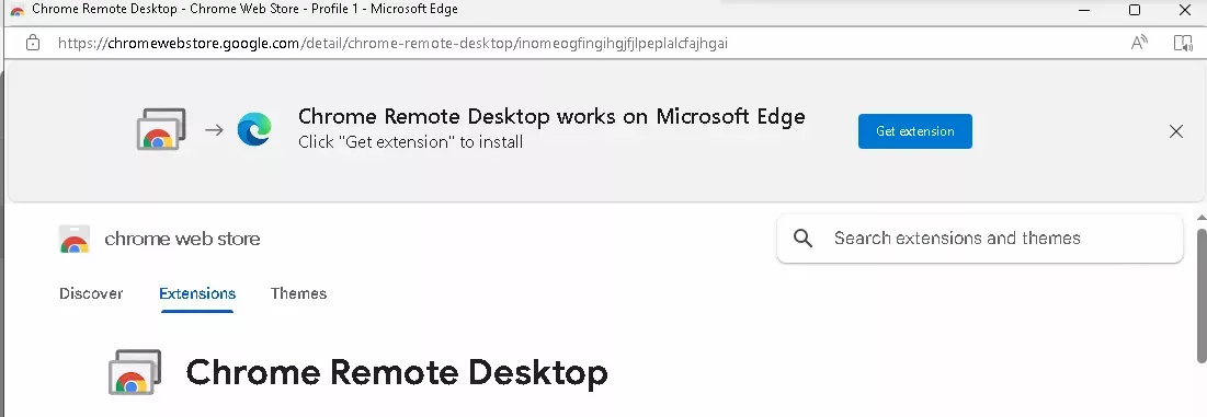 The Chrome Web Store on Microsoft Edge showing the "Chrome Remote Desktop" extension,
