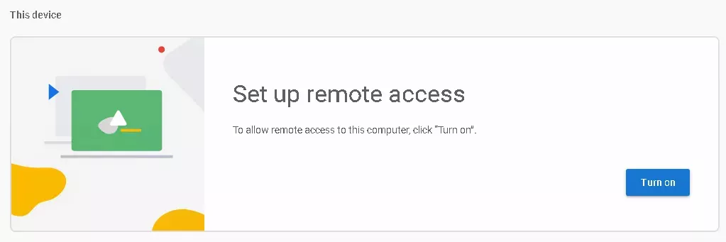 The "Set up remote access" card with a "Turn on" button in the bottom right hand corner and a sub title of 'To allow remote access to this computer, click "Turn on"'