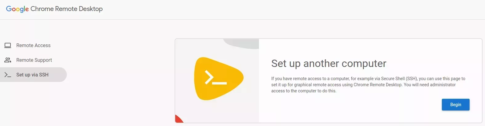 The Chrome Remote Desktop page with the "Set up via SSH" tab selected on the left navigation menu, displaying a "Setup another computer" card.