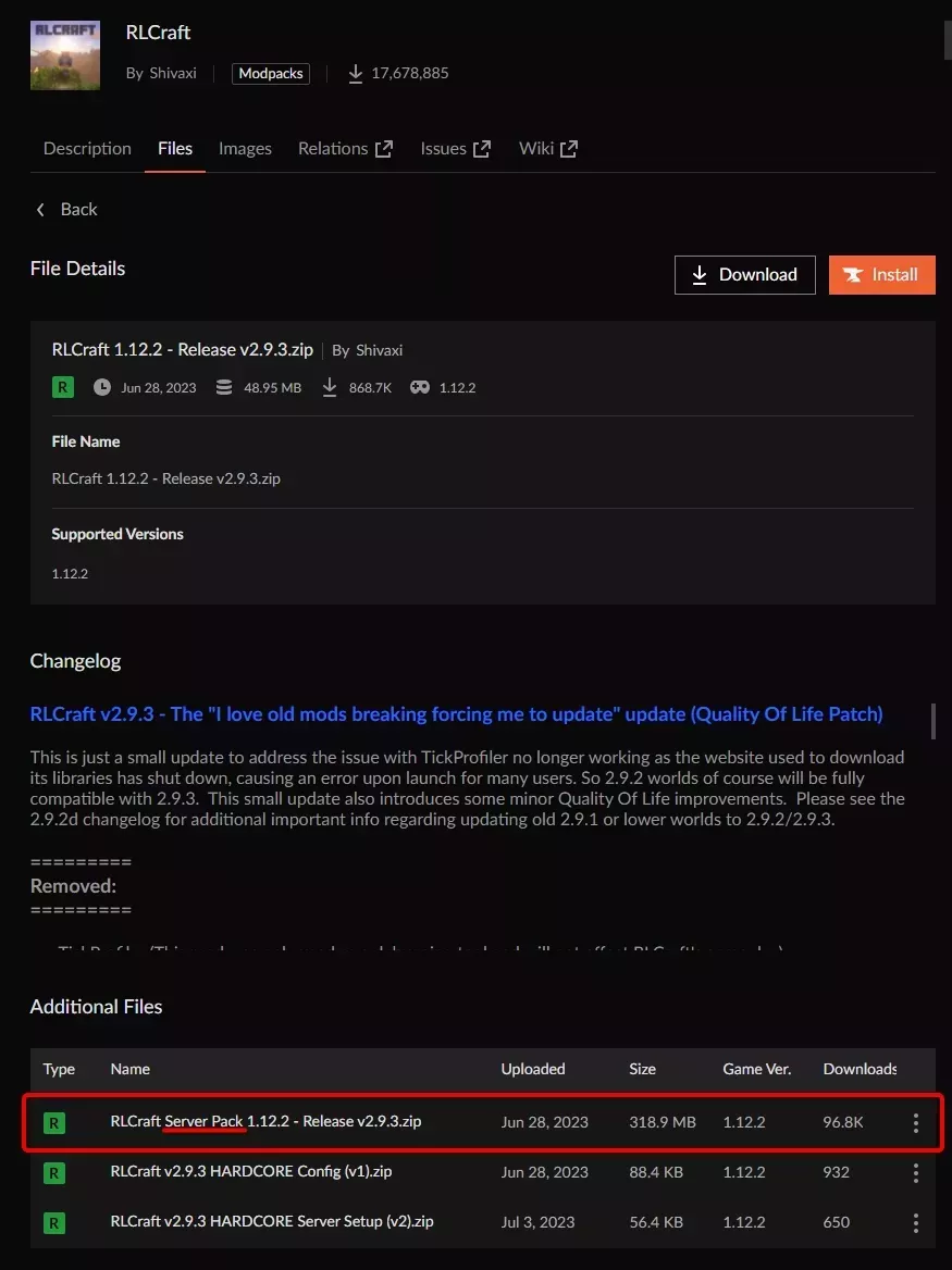 The server pack file on the CurseForge page for the Modpack R.A.D.